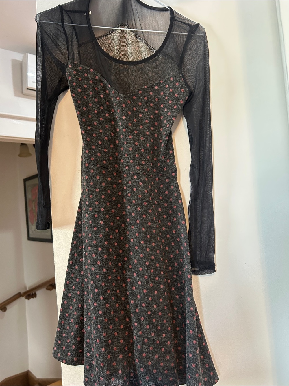 twik Black Dress with Pink Floral Print and Sheer Long Sleeves